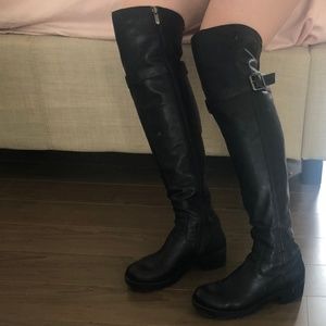 black leather over the knee buckle boots